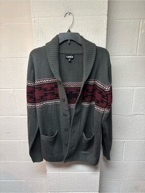 Carbon Shawl Collar Cardigan Sweater - Charcoal with Burgundy Stripe